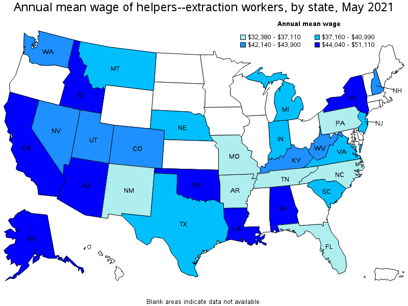 Map of annual mean wages of helpers--extraction workers by state, May 2021