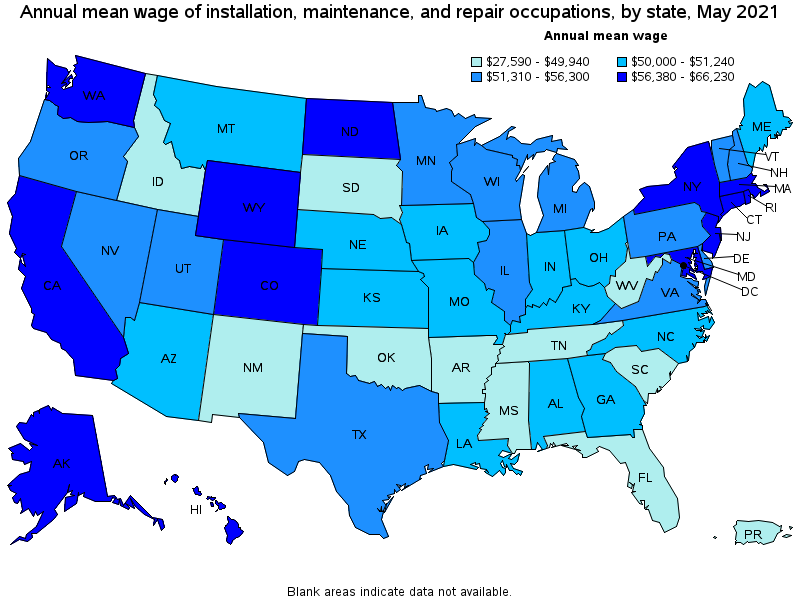 Map of annual mean wages of installation, maintenance, and repair occupations by state, May 2021