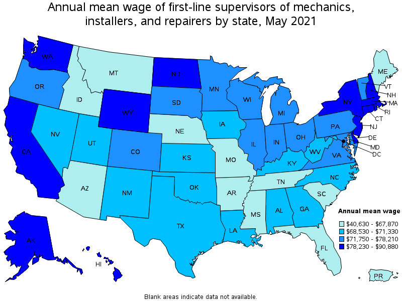 Map of annual mean wages of first-line supervisors of mechanics, installers, and repairers by state, May 2021