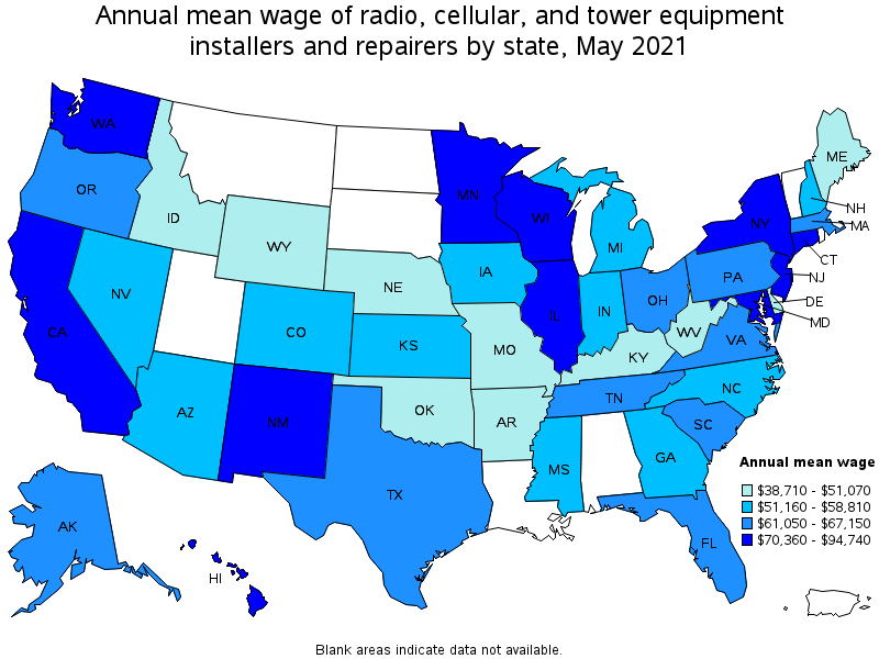 Map of annual mean wages of radio, cellular, and tower equipment installers and repairers by state, May 2021