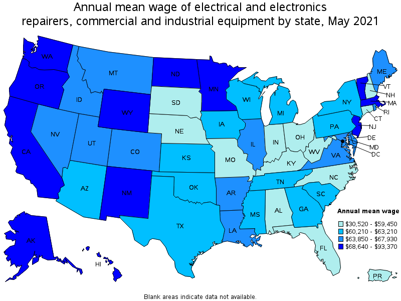 Map of annual mean wages of electrical and electronics repairers, commercial and industrial equipment by state, May 2021