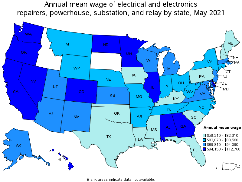 Map of annual mean wages of electrical and electronics repairers, powerhouse, substation, and relay by state, May 2021