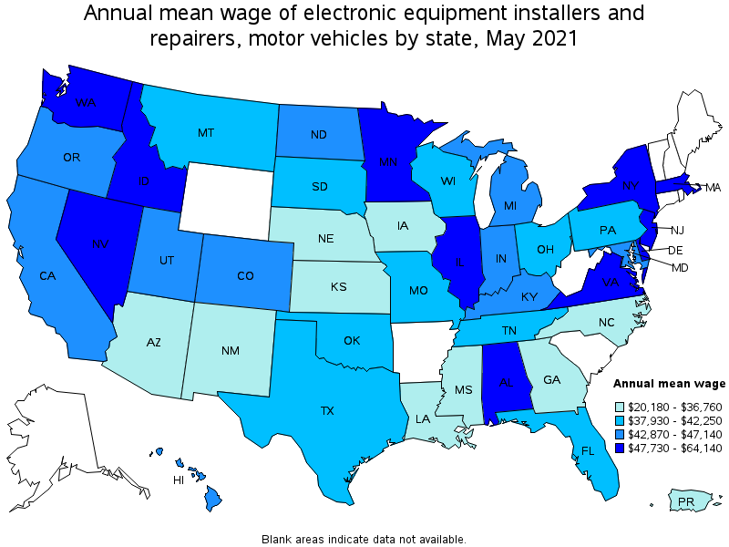 Map of annual mean wages of electronic equipment installers and repairers, motor vehicles by state, May 2021