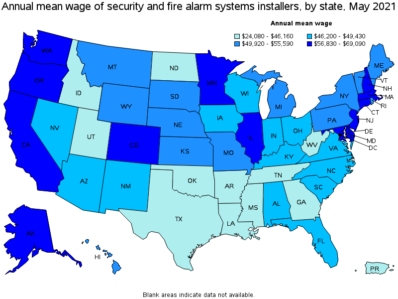 Map of annual mean wages of security and fire alarm systems installers by state, May 2021