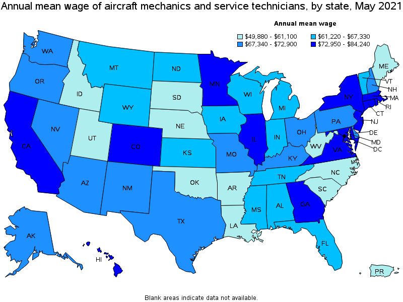 Map of annual mean wages of aircraft mechanics and service technicians by state, May 2021