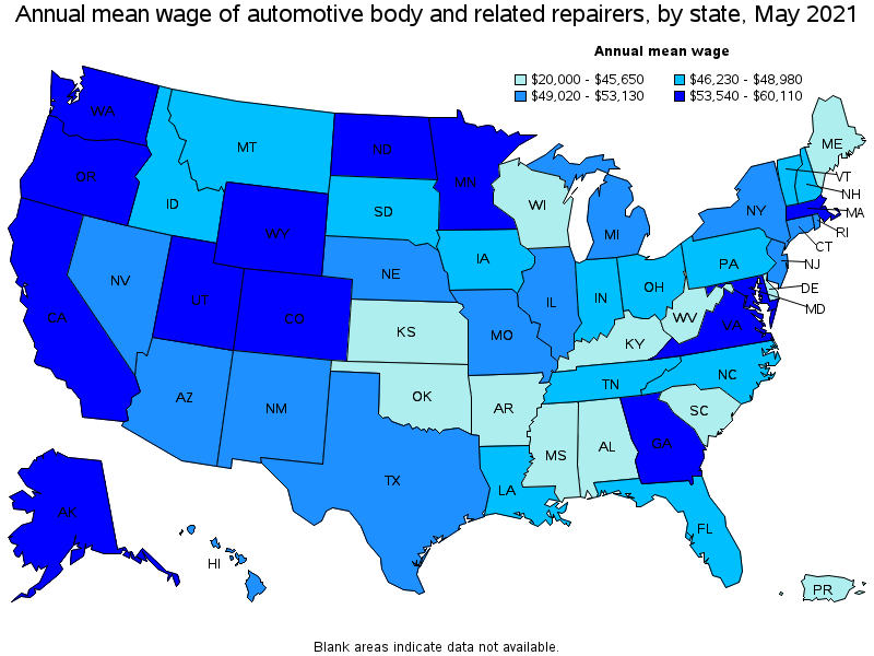 Map of annual mean wages of automotive body and related repairers by state, May 2021