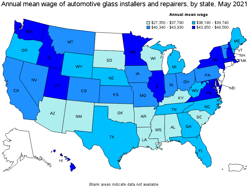Map of annual mean wages of automotive glass installers and repairers by state, May 2021