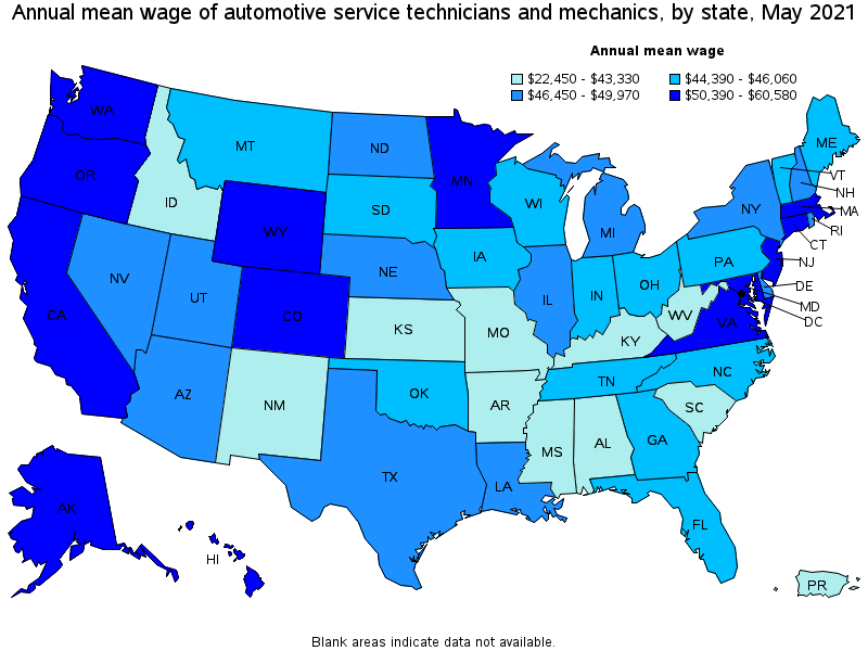 Map of annual mean wages of automotive service technicians and mechanics by state, May 2021