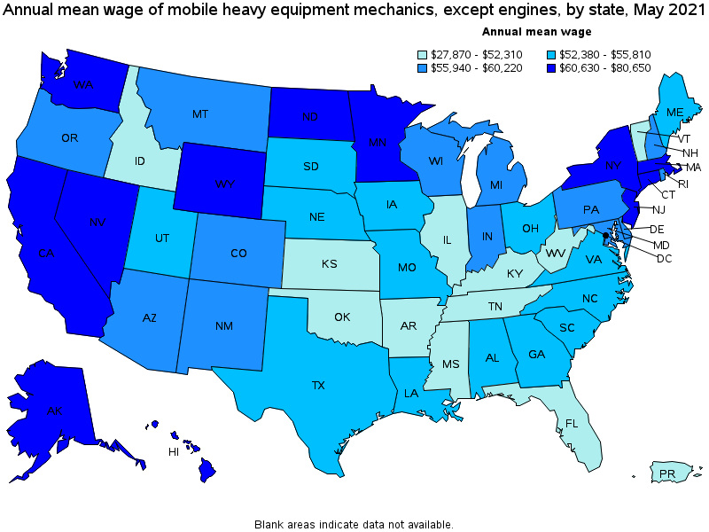 Map of annual mean wages of mobile heavy equipment mechanics, except engines by state, May 2021