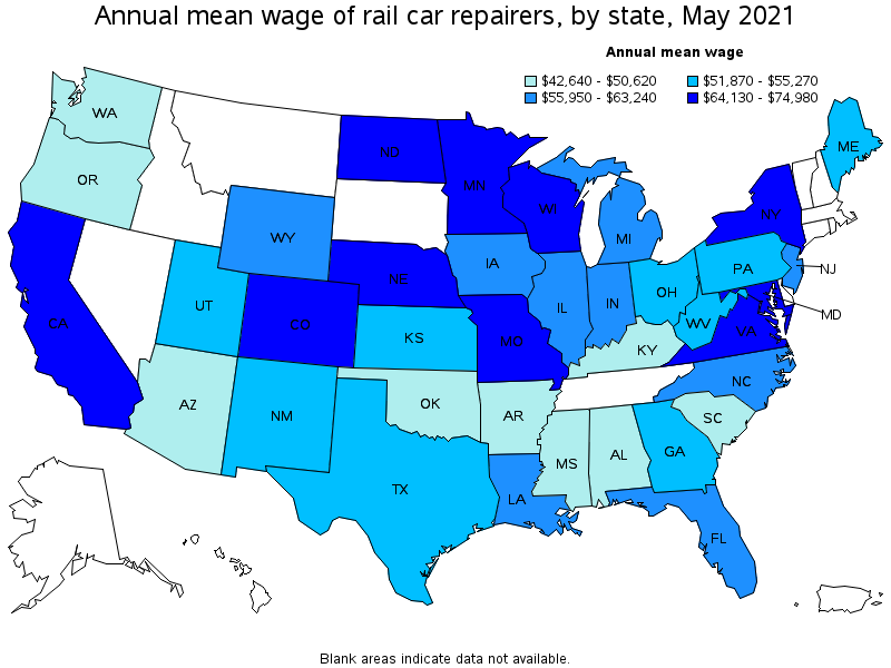 Map of annual mean wages of rail car repairers by state, May 2021