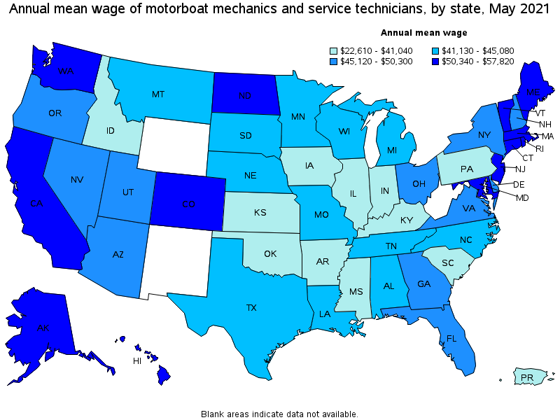 Map of annual mean wages of motorboat mechanics and service technicians by state, May 2021