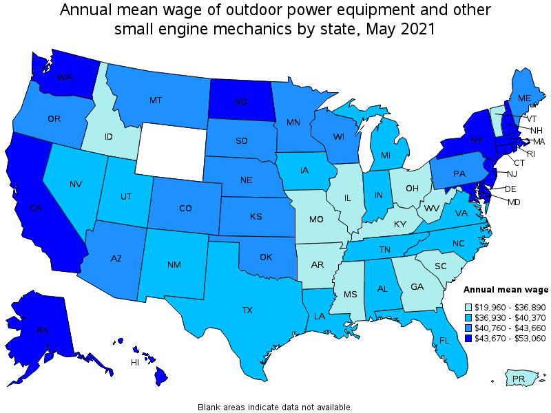 Map of annual mean wages of outdoor power equipment and other small engine mechanics by state, May 2021