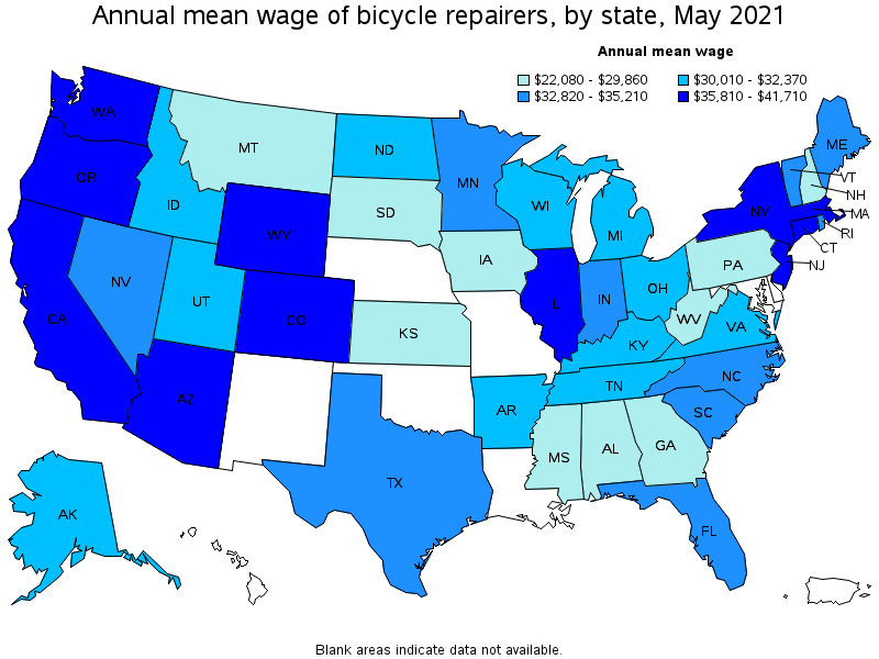 Map of annual mean wages of bicycle repairers by state, May 2021