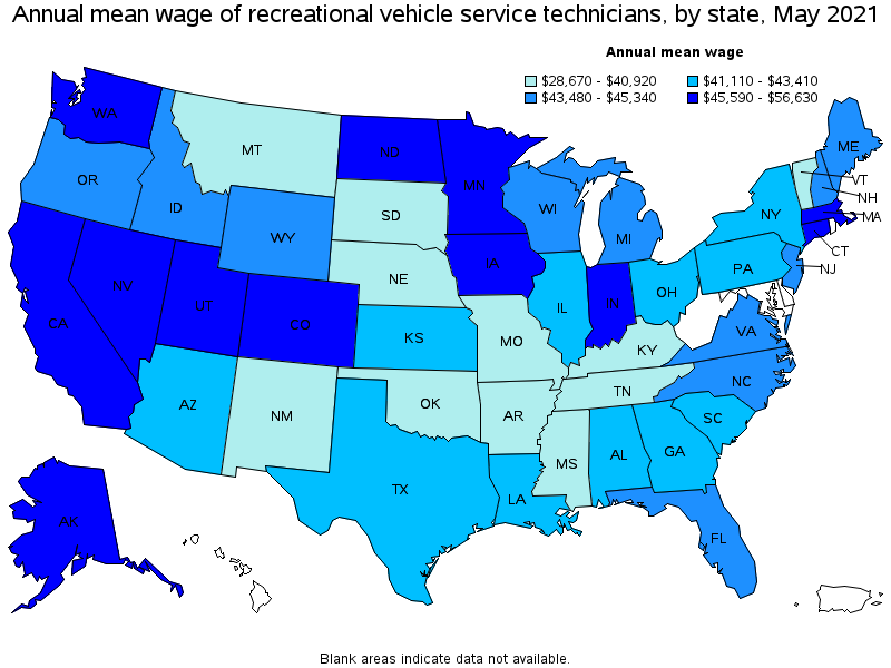Map of annual mean wages of recreational vehicle service technicians by state, May 2021