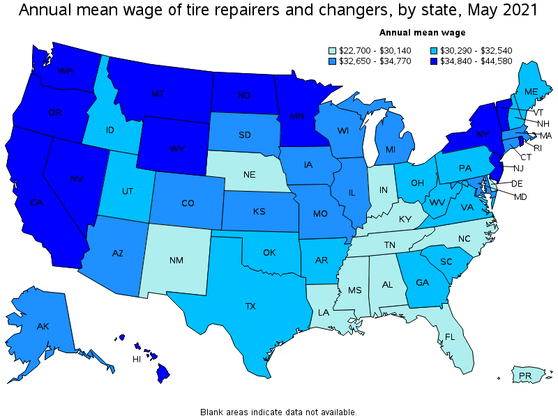 Map of annual mean wages of tire repairers and changers by state, May 2021