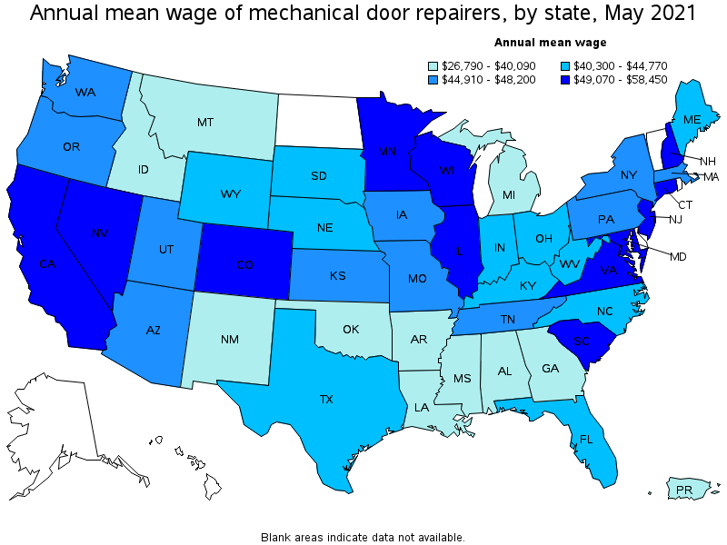 Map of annual mean wages of mechanical door repairers by state, May 2021
