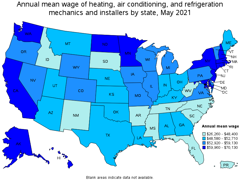 Map of annual mean wages of heating, air conditioning, and refrigeration mechanics and installers by state, May 2021