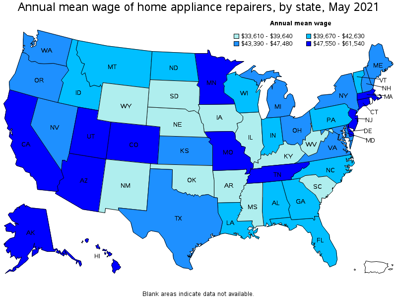 Map of annual mean wages of home appliance repairers by state, May 2021
