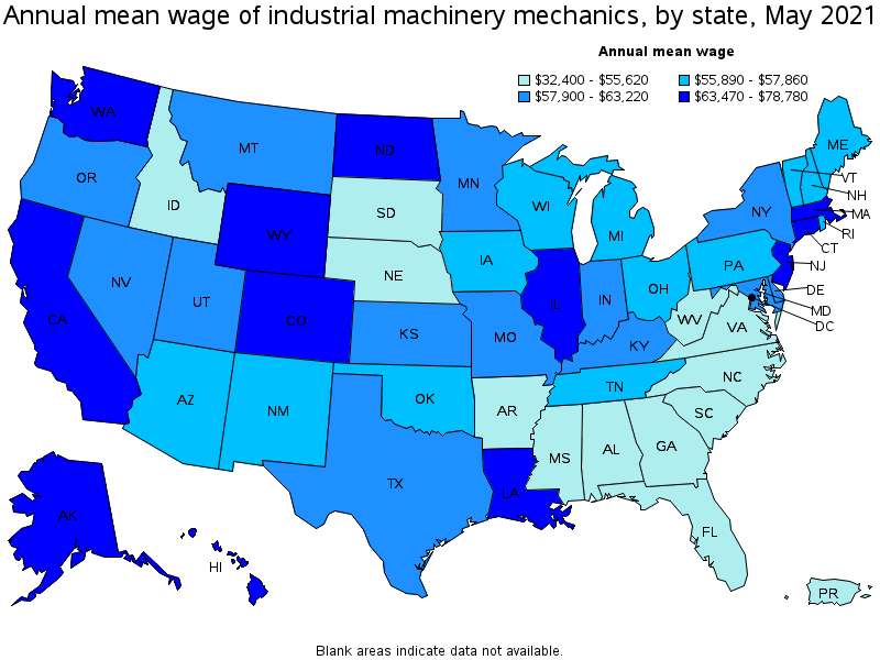 Map of annual mean wages of industrial machinery mechanics by state, May 2021