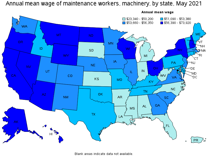 Map of annual mean wages of maintenance workers, machinery by state, May 2021