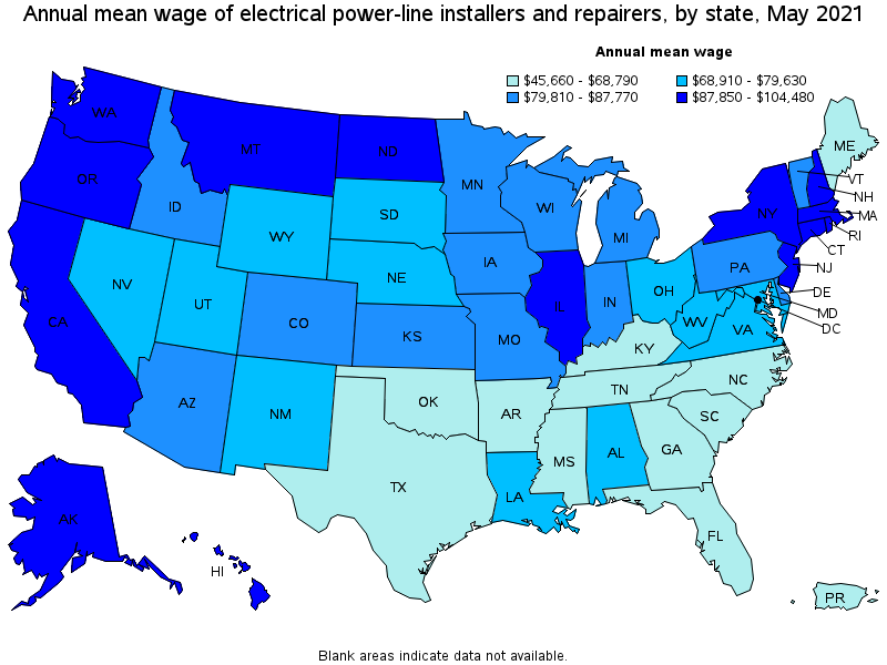 Map of annual mean wages of electrical power-line installers and repairers by state, May 2021