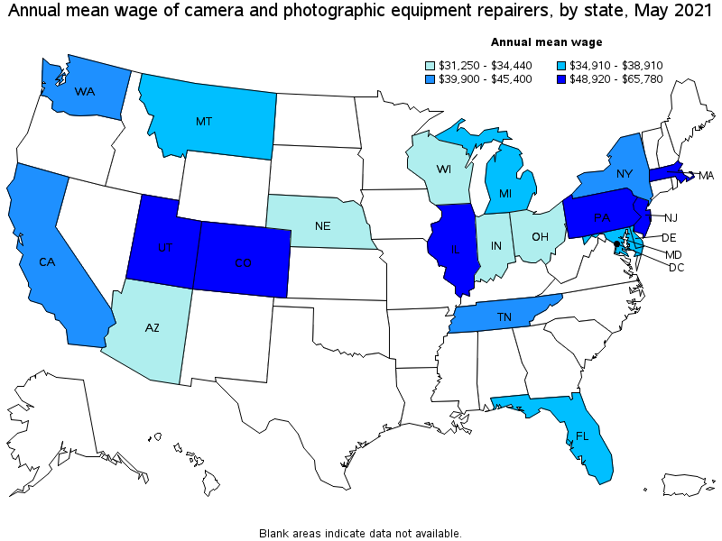 Map of annual mean wages of camera and photographic equipment repairers by state, May 2021