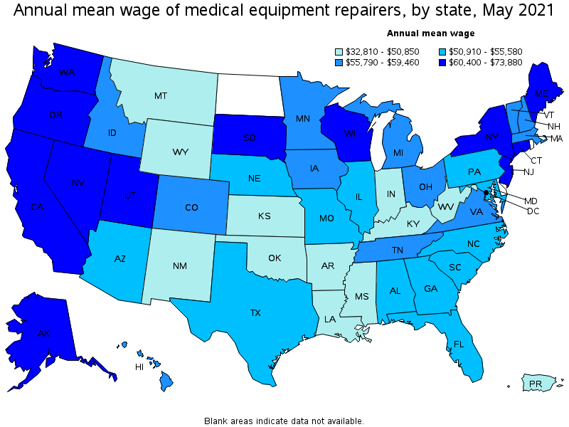Map of annual mean wages of medical equipment repairers by state, May 2021