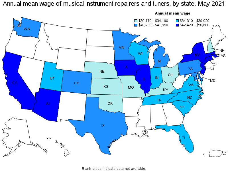 Map of annual mean wages of musical instrument repairers and tuners by state, May 2021