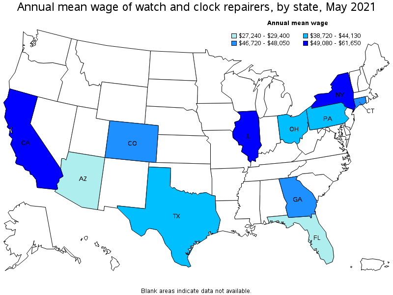 Map of annual mean wages of watch and clock repairers by state, May 2021