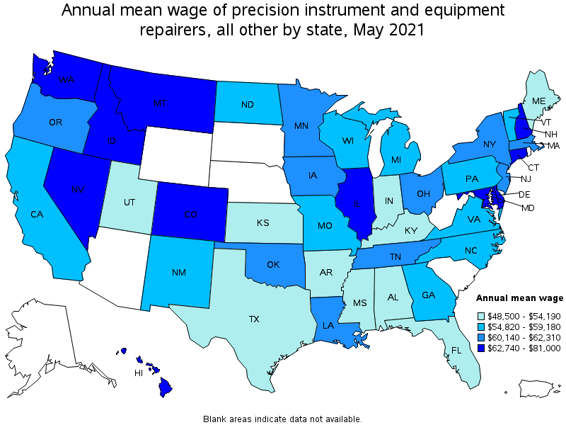 Map of annual mean wages of precision instrument and equipment repairers, all other by state, May 2021