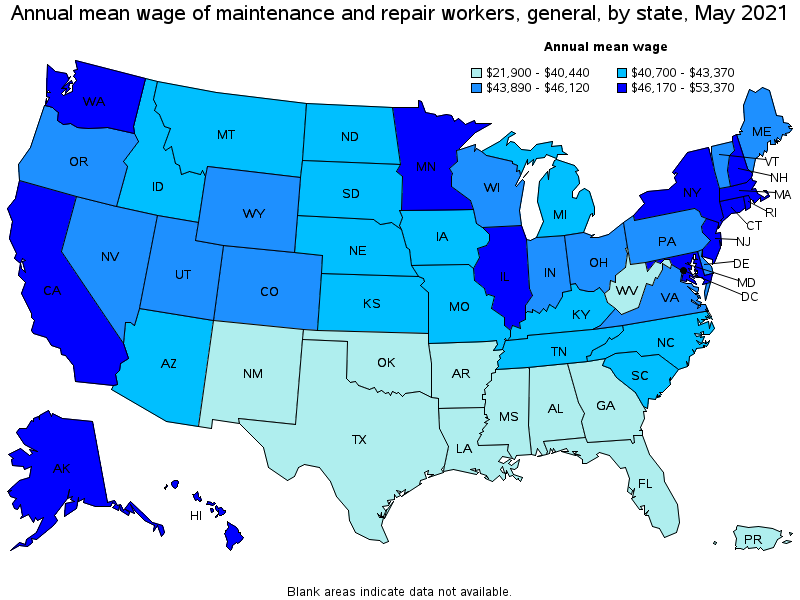 Map of annual mean wages of maintenance and repair workers, general by state, May 2021