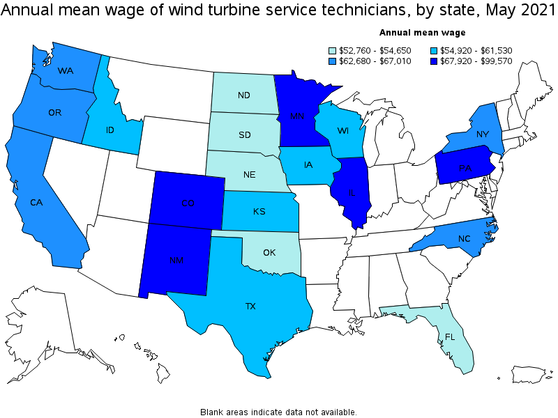 Map of annual mean wages of wind turbine service technicians by state, May 2021