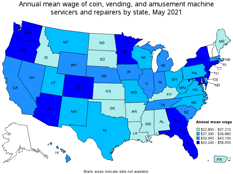 Map of annual mean wages of coin, vending, and amusement machine servicers and repairers by state, May 2021