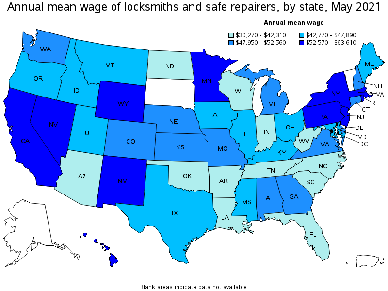 Map of annual mean wages of locksmiths and safe repairers by state, May 2021