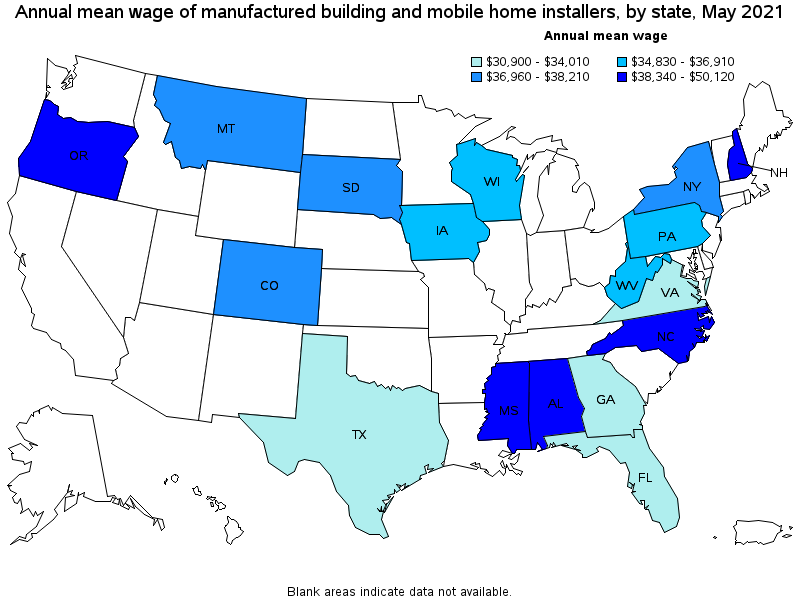 Map of annual mean wages of manufactured building and mobile home installers by state, May 2021
