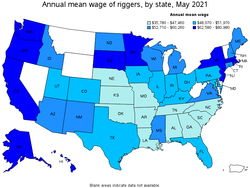 Map of annual mean wages of riggers by state, May 2021