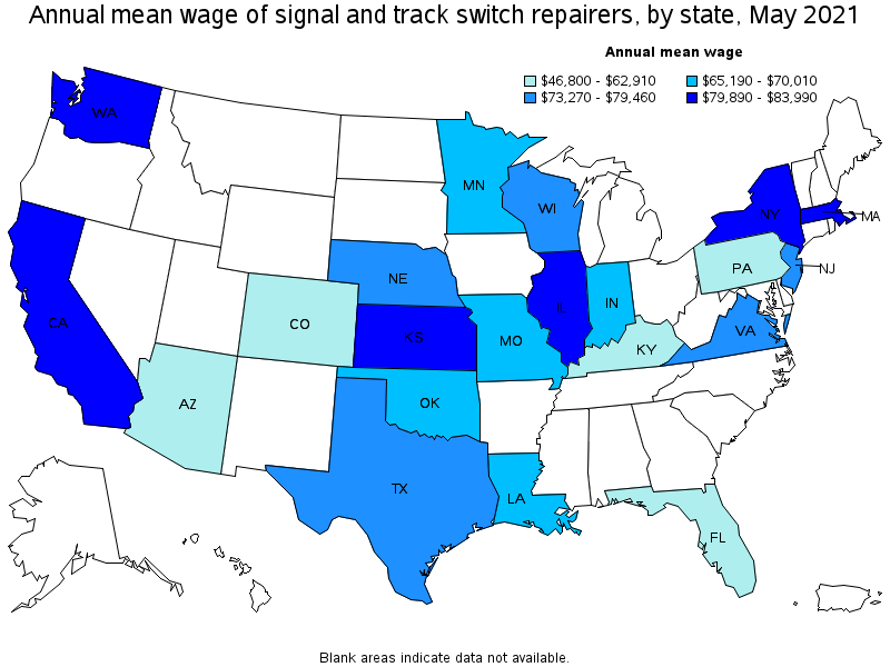 Map of annual mean wages of signal and track switch repairers by state, May 2021