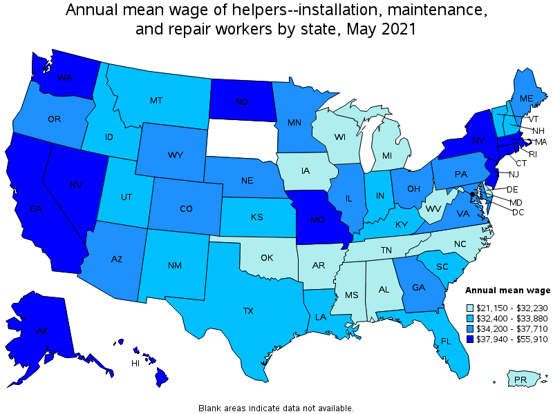 Map of annual mean wages of helpers--installation, maintenance, and repair workers by state, May 2021
