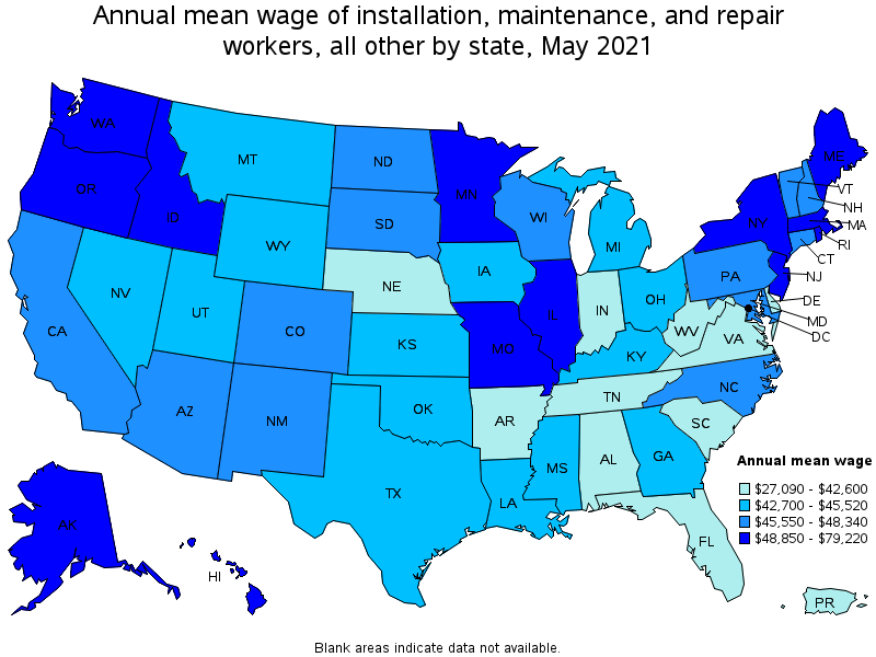 Map of annual mean wages of installation, maintenance, and repair workers, all other by state, May 2021