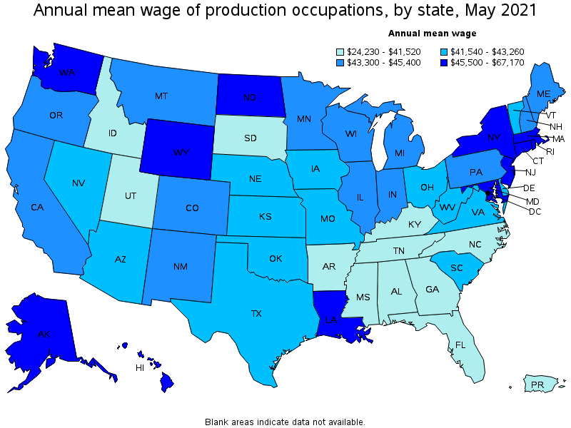 Map of annual mean wages of production occupations by state, May 2021