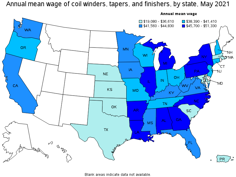 Map of annual mean wages of coil winders, tapers, and finishers by state, May 2021