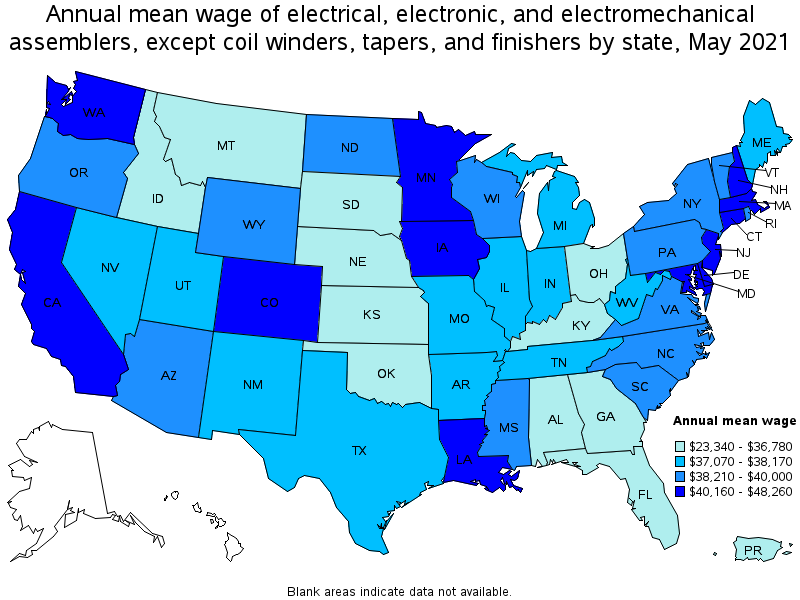 Map of annual mean wages of electrical, electronic, and electromechanical assemblers, except coil winders, tapers, and finishers by state, May 2021