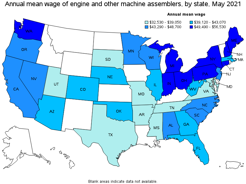 Map of annual mean wages of engine and other machine assemblers by state, May 2021