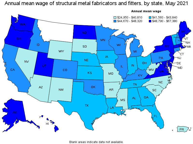 Map of annual mean wages of structural metal fabricators and fitters by state, May 2021
