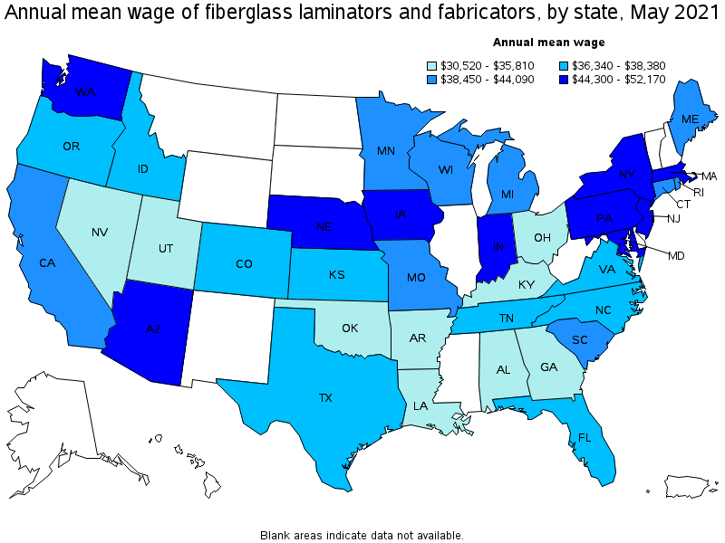 Map of annual mean wages of fiberglass laminators and fabricators by state, May 2021