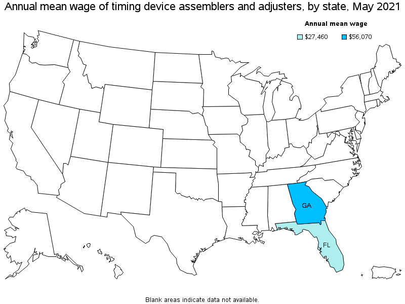 Map of annual mean wages of timing device assemblers and adjusters by state, May 2021