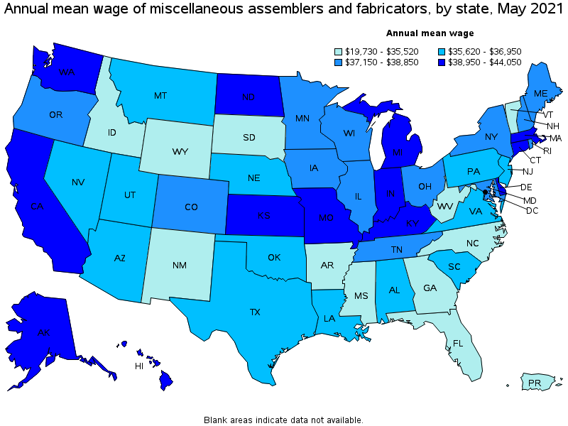 Map of annual mean wages of miscellaneous assemblers and fabricators by state, May 2021