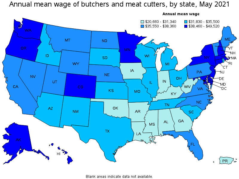 Map of annual mean wages of butchers and meat cutters by state, May 2021