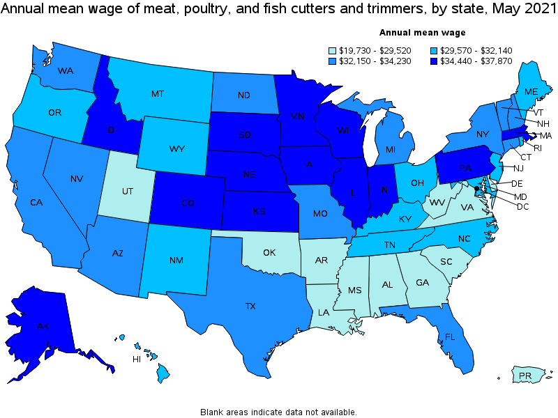 Map of annual mean wages of meat, poultry, and fish cutters and trimmers by state, May 2021