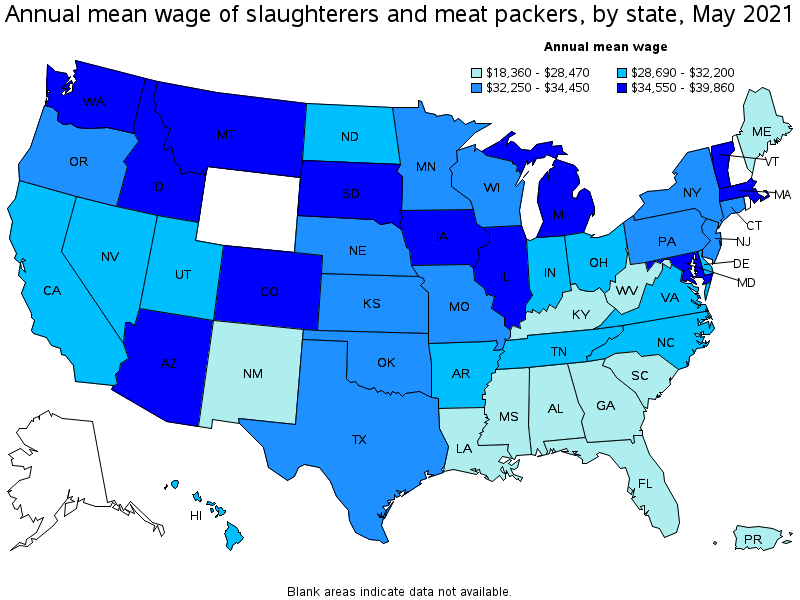 Map of annual mean wages of slaughterers and meat packers by state, May 2021